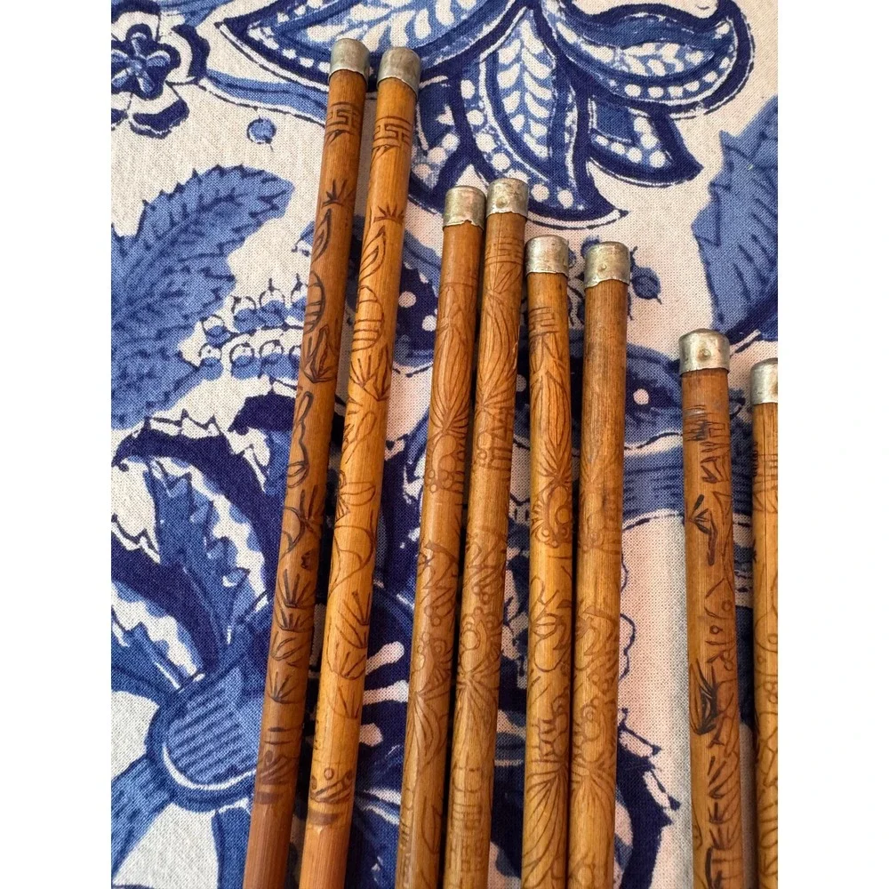 Vintage Assorted Chopsticks Set 9 Pairs Bamboo Carved Wood Lacquer Inlaid Decor